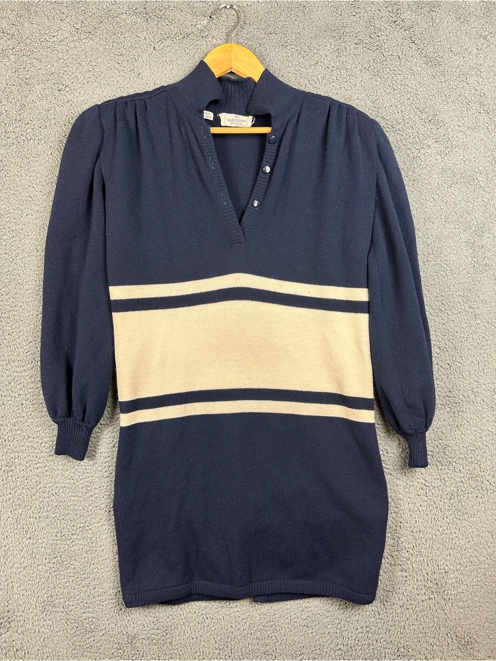Vintage Valentino Boutique Navy Blue Cream Stripe Knit Tunic Sweater Italy L